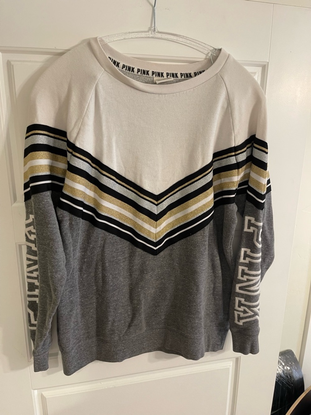 PINK Victoria's Secret Gray White and Gold Chevron Crewneck Sweater